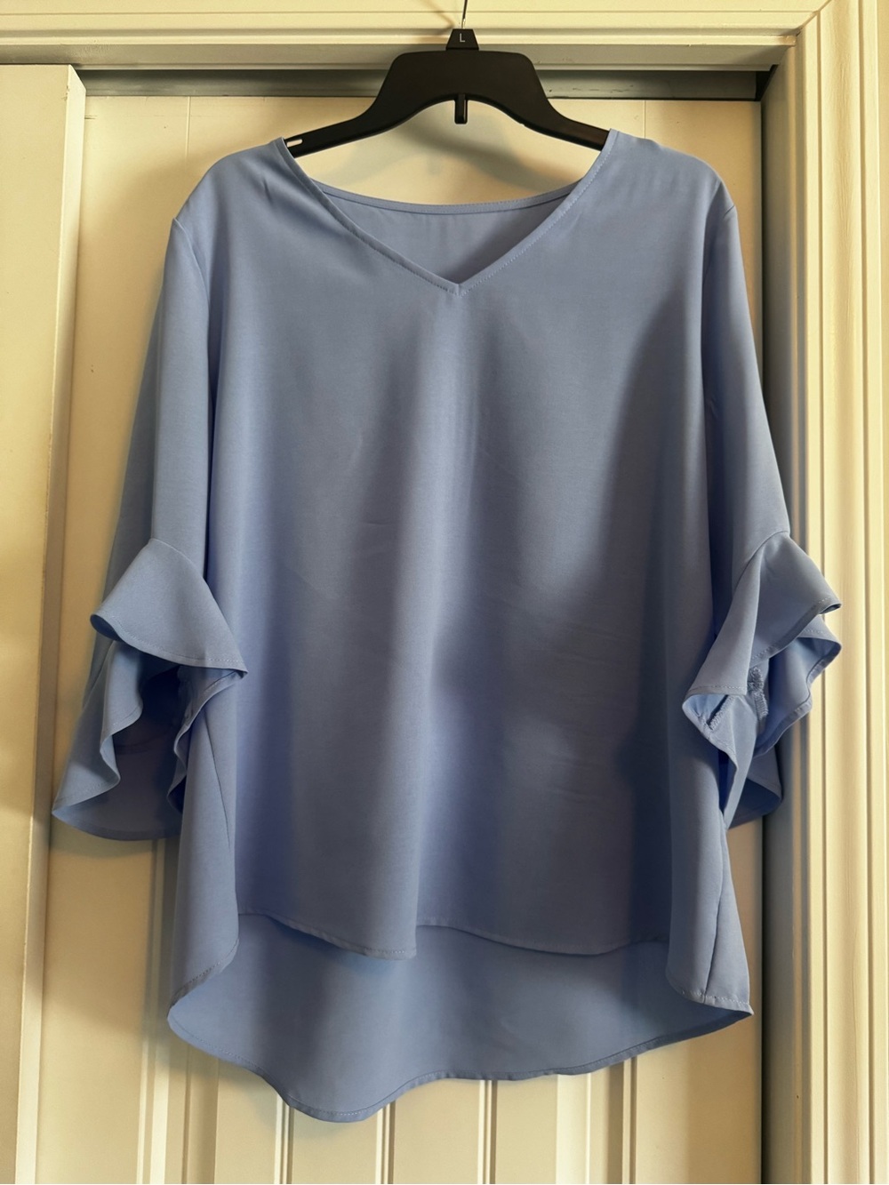Women's Light Blue V-Neck Ruffle Sleeve Top